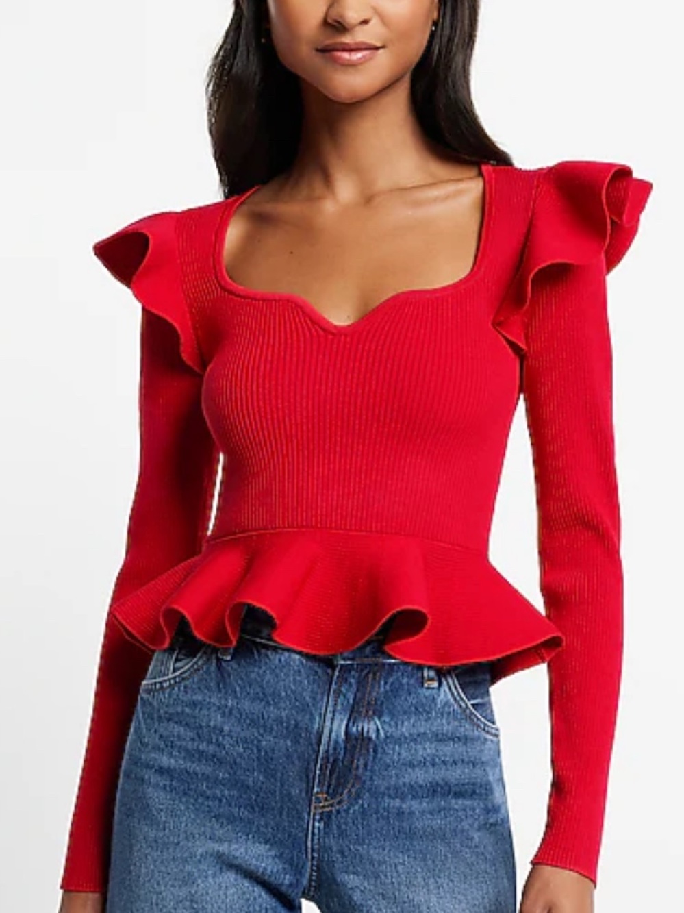 Express Red Ruffle Peplum Long Sleeve Sweater